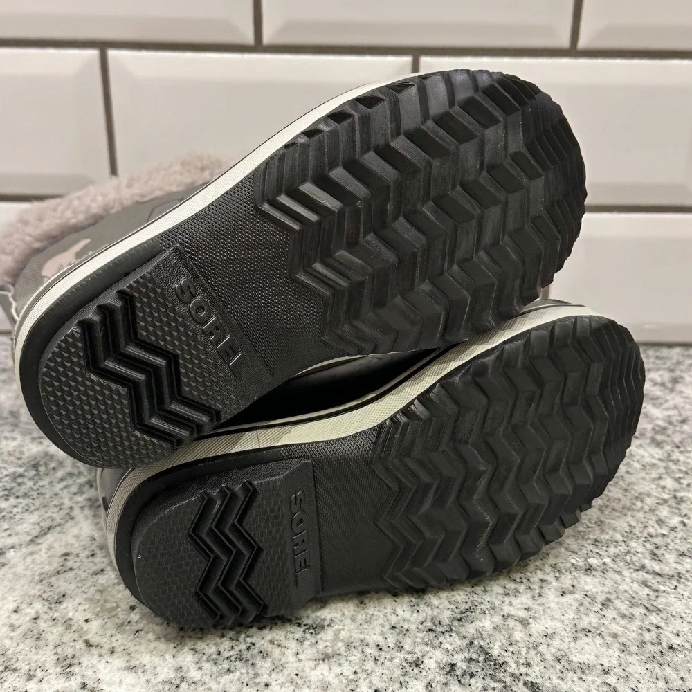 Sorel Kids 12 Yoot Pac Nylon Snow Boots Gray Black Waterproof Faux Fur Winter